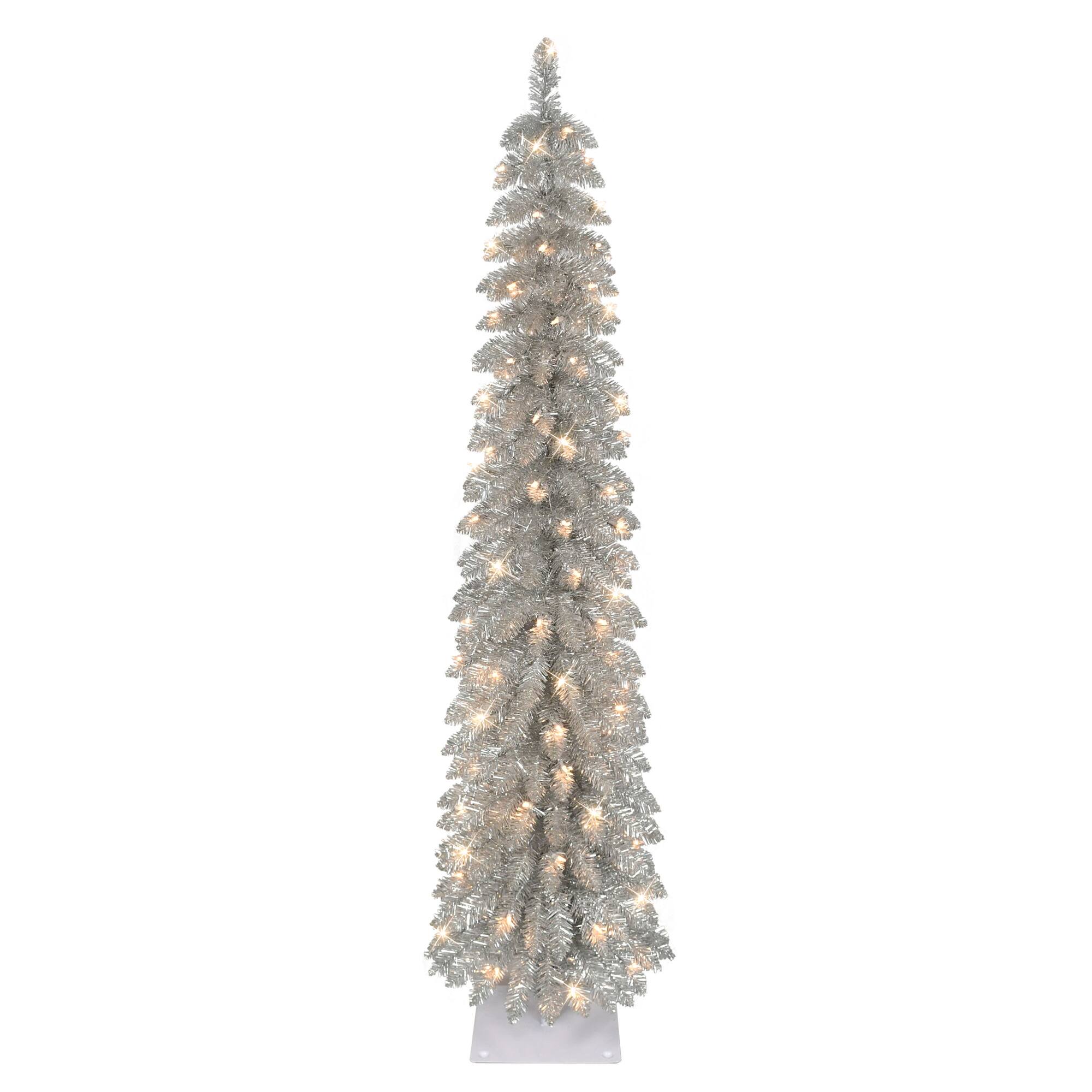 6ft. Pre-Lit Silver Alpine Pencil Artificial Christmas Tree, Clear Lights